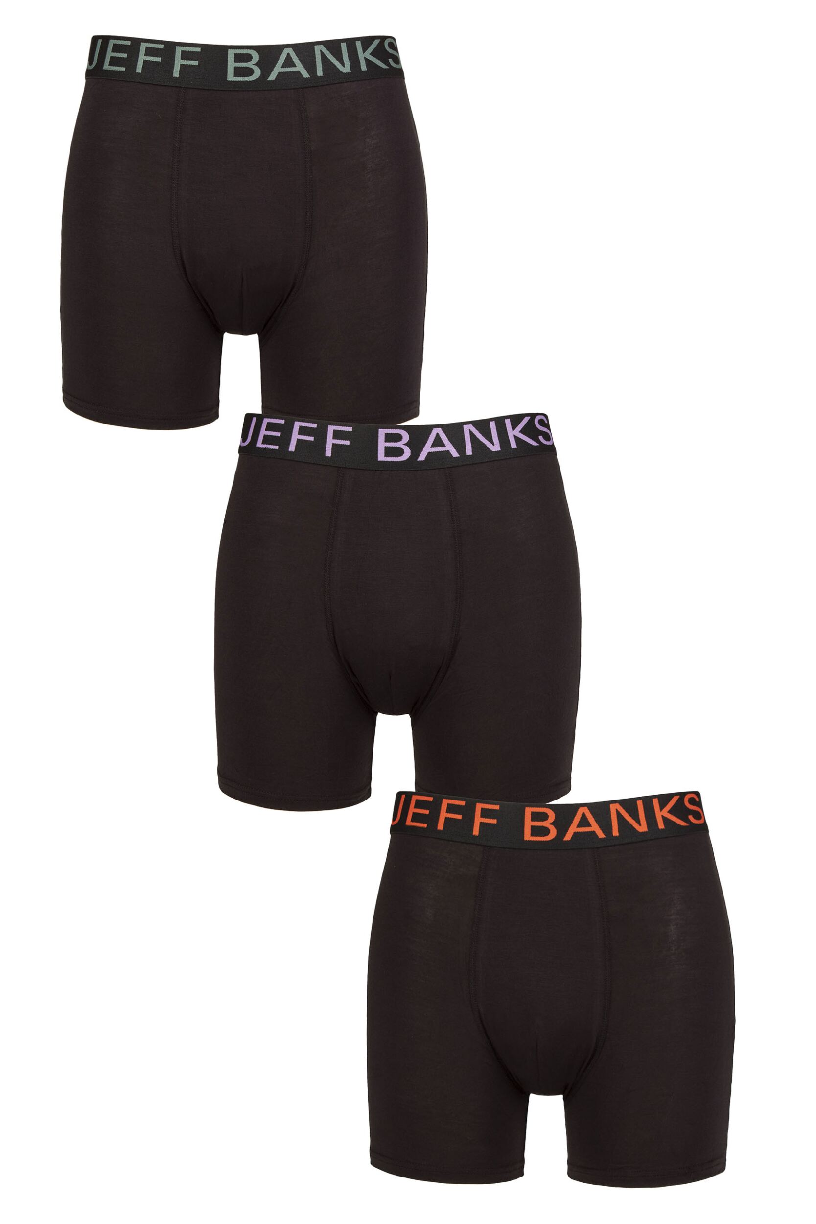Image of Mens 3 Pack Jeff Banks Plain Bamboo Trunks Black Sage / Lilac / Orange M