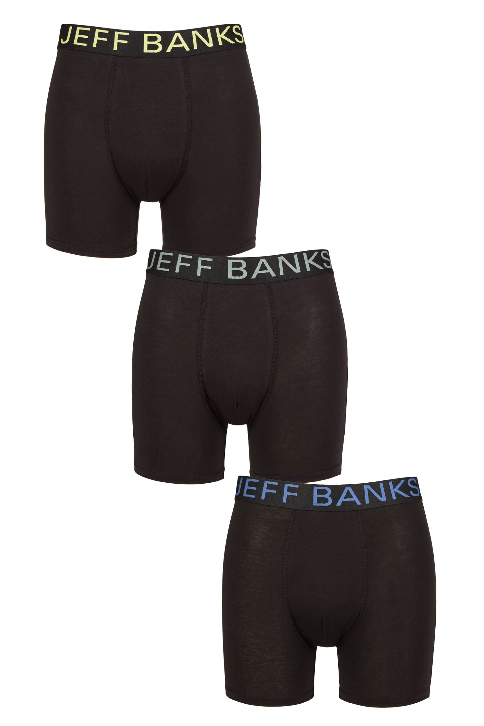 Image of Mens 3 Pack Jeff Banks Plain Bamboo Trunks Black Yellow / Sage / Blue M