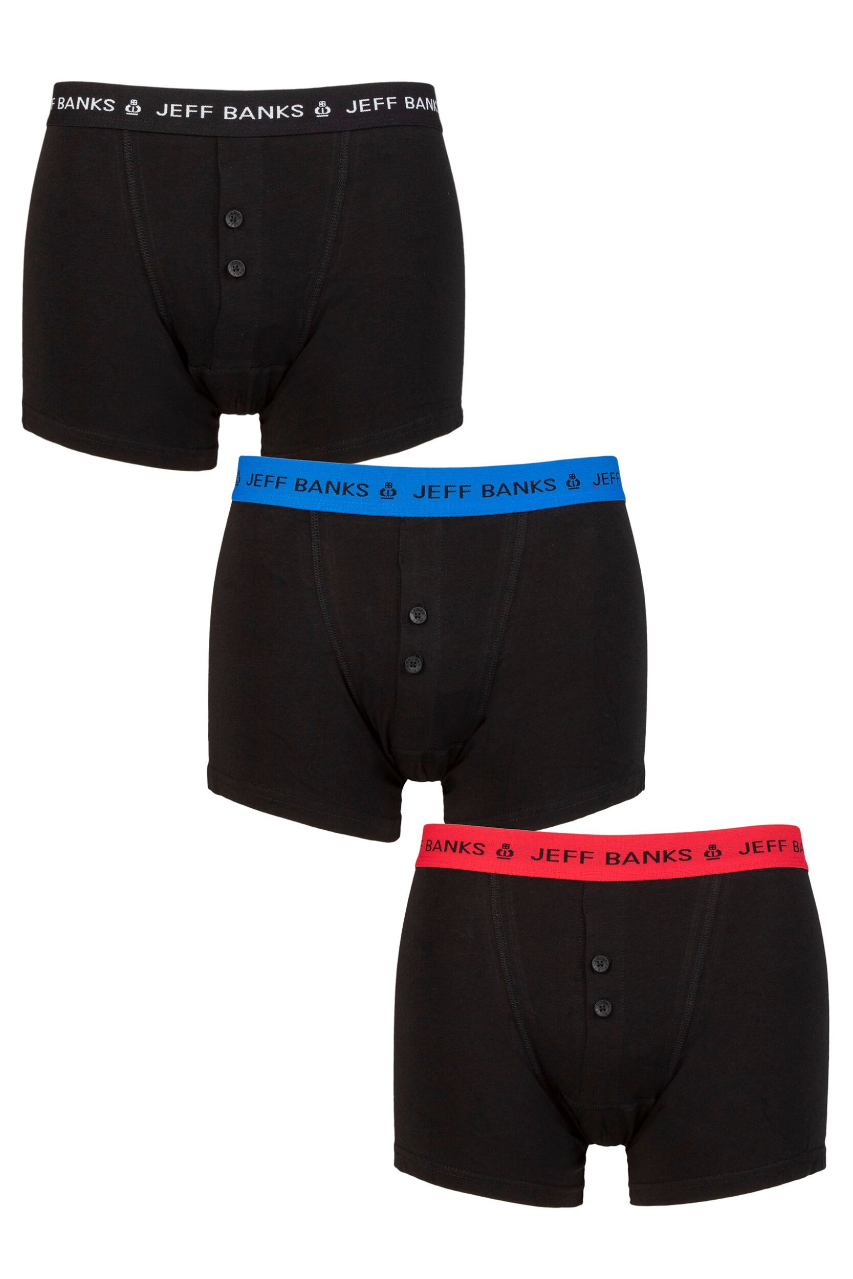 Mens 3 Pack Jeff Banks Marlow Buttoned Boxer Shorts Black Red / Blue / Black S