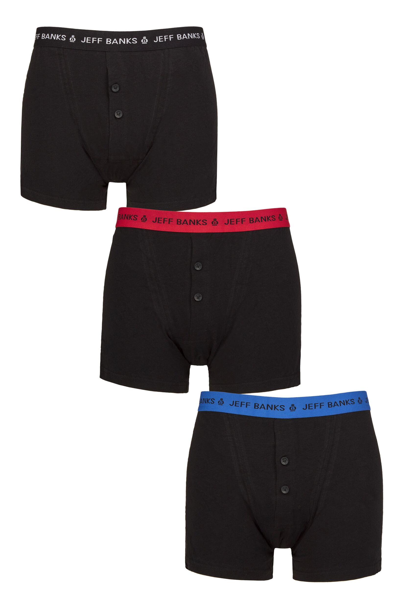 Image of Mens 3 Pack Jeff Banks Marlow Buttoned Boxer Shorts Black Red / Blue / Black M