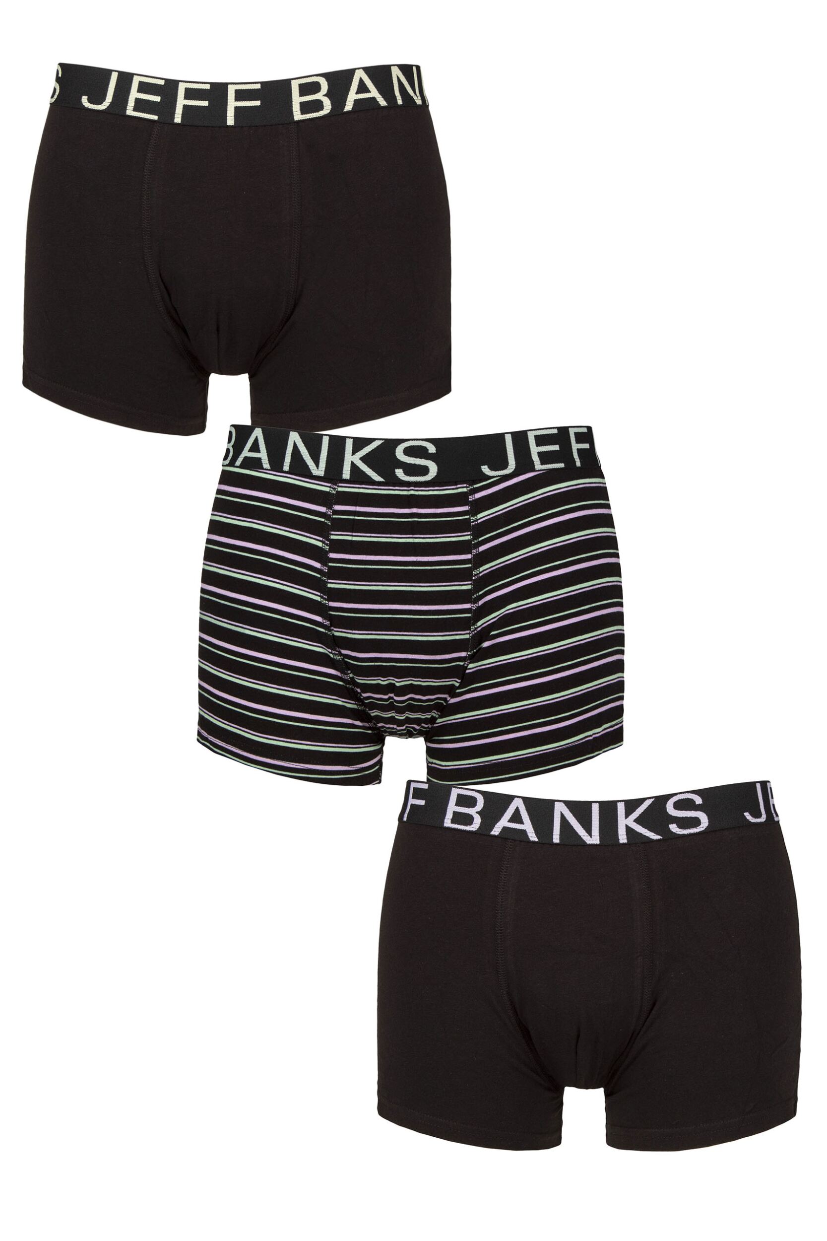 Image of Mens 3 Pack Jeff Banks Cotton Patterned Trunks Black Stripes XL