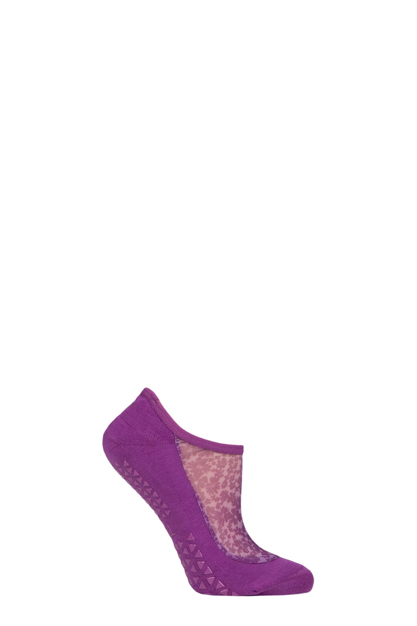 Women's 1 Pair Tavi Noir Maddie Organic Cotton Sheer Top Yoga Socks with Grip Violet Floral S