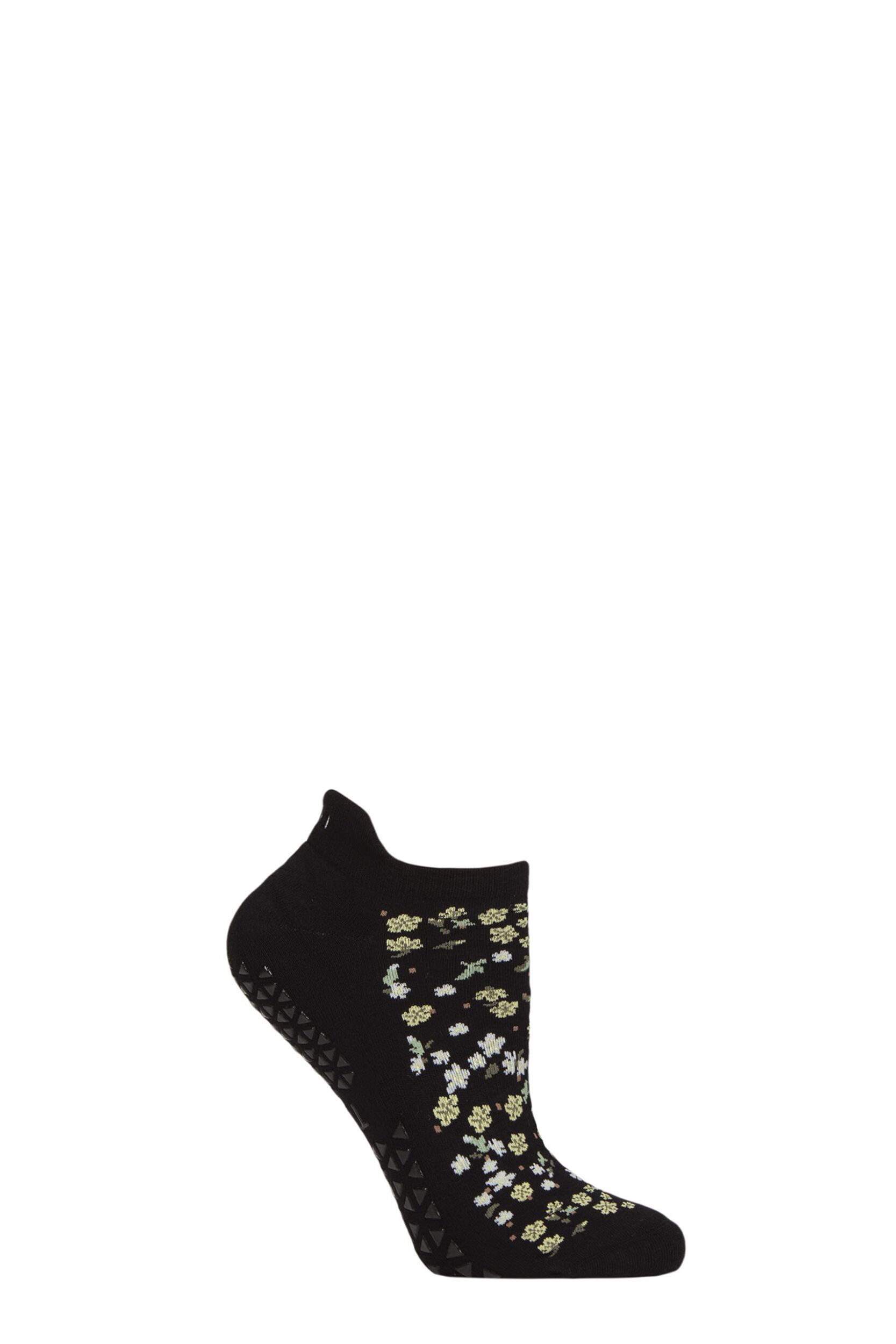 Women's 1 Pair Tavi Noir Savvy Organic Cotton Low Rise Yoga Socks with Grip Ebony Flourish 6-8.5 Ladies