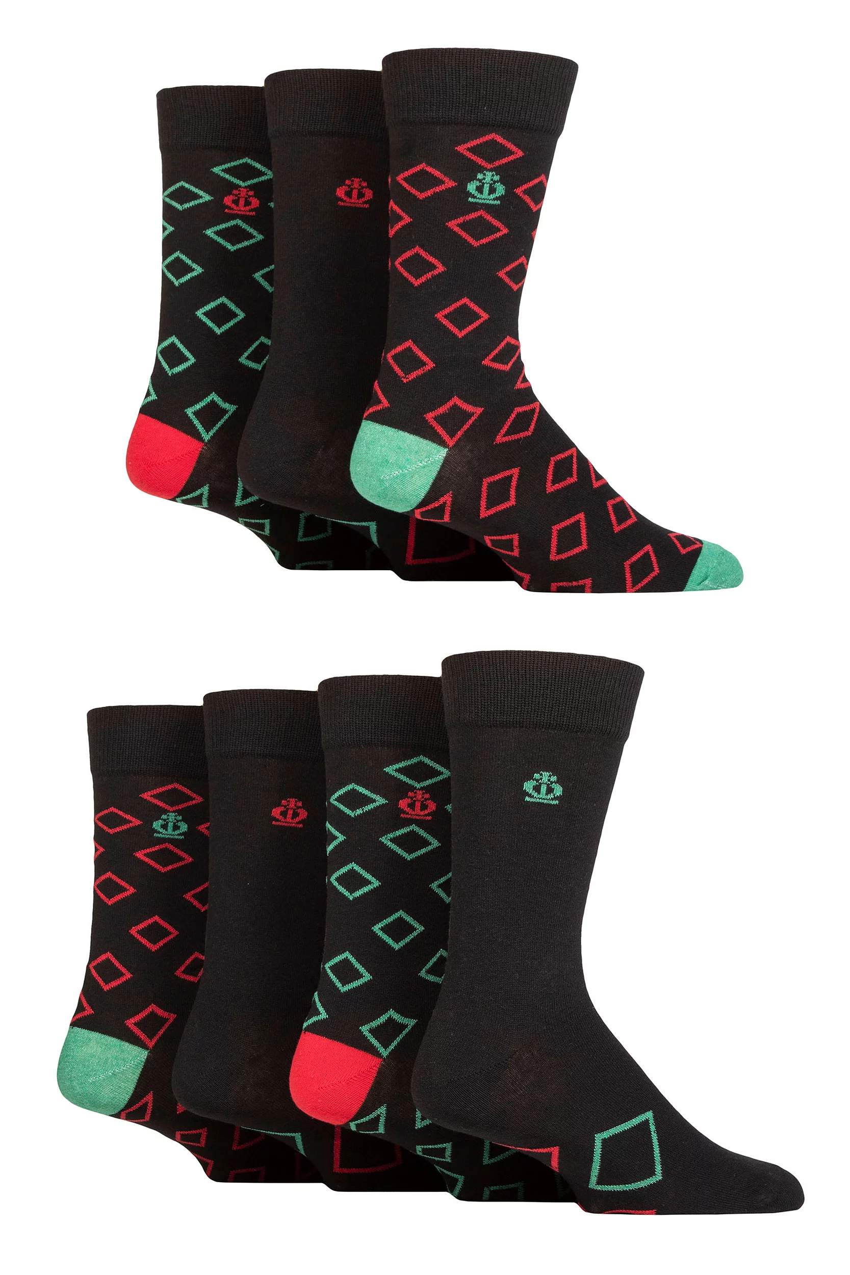 Mens 7 Pair Jeff Banks Recycled Cotton Patterned Socks with Gift Tag Diamonds Black 7