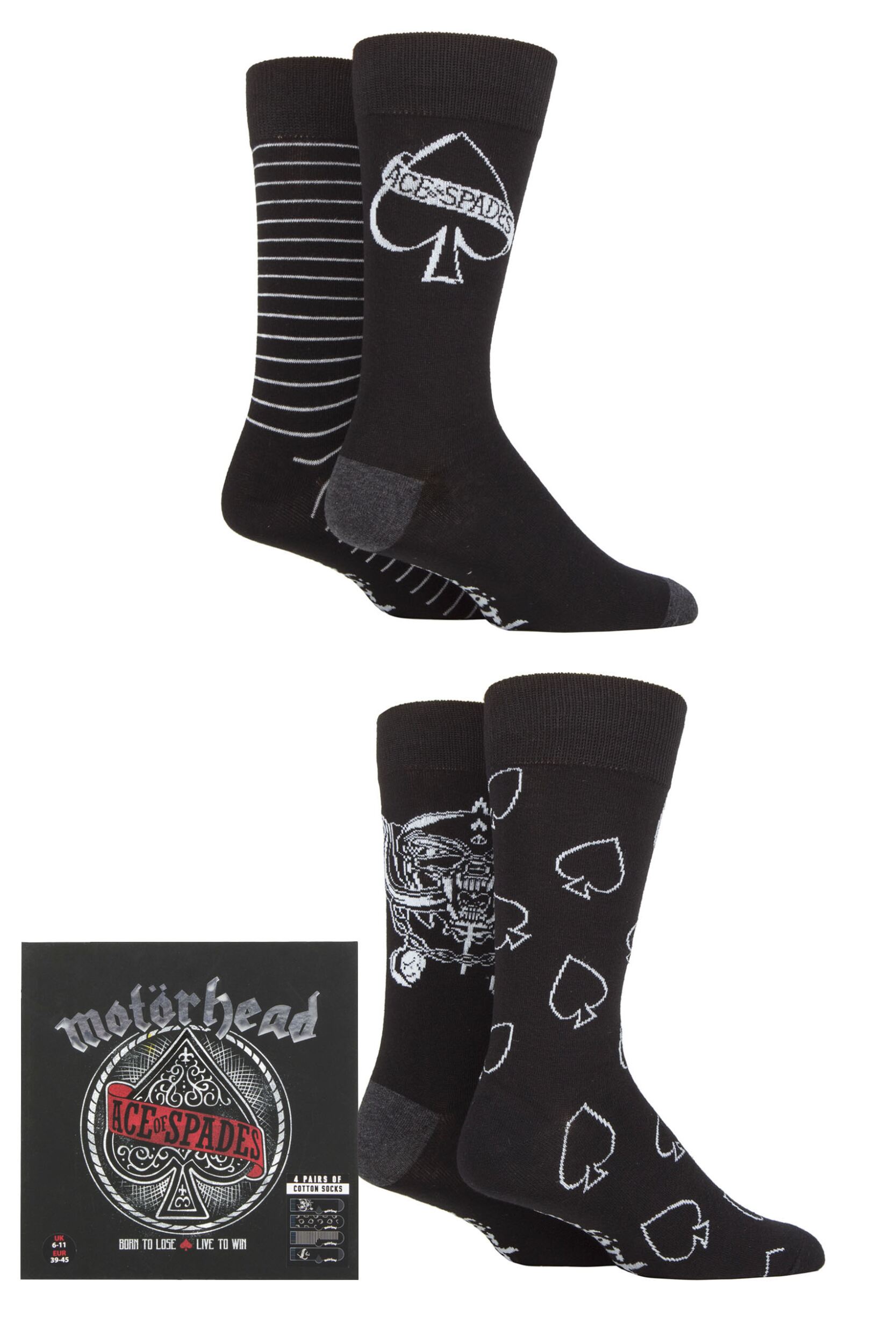 Motorhead 4 Pair Exclusive to SOCKSHOP Gift Boxed Cotton Socks Black 6-11 UK Shoe