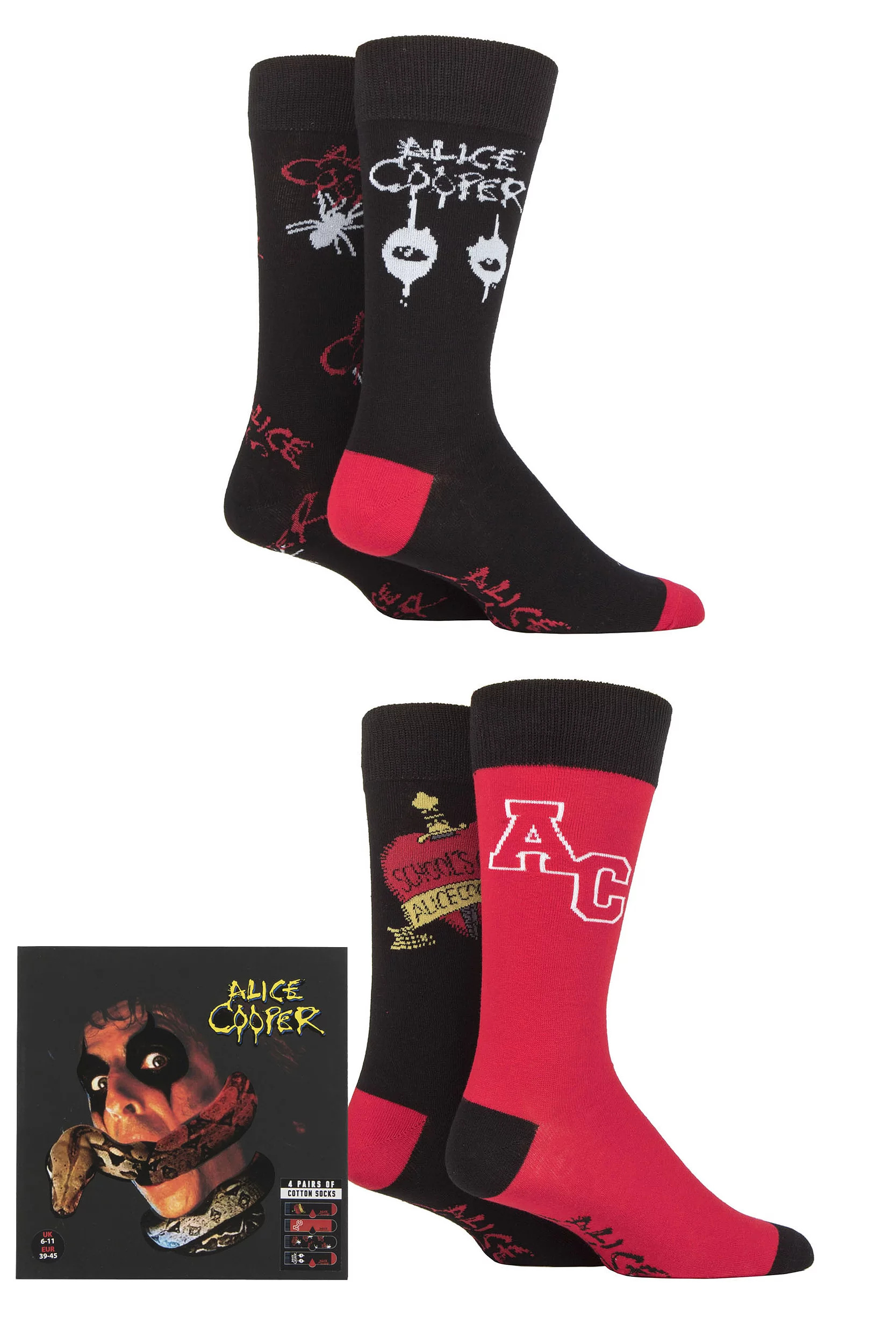 Alice Cooper 4 Pair Exclusive to SOCKSHOP Gift Boxed Cotton Socks Black 6-11 UK Shoe