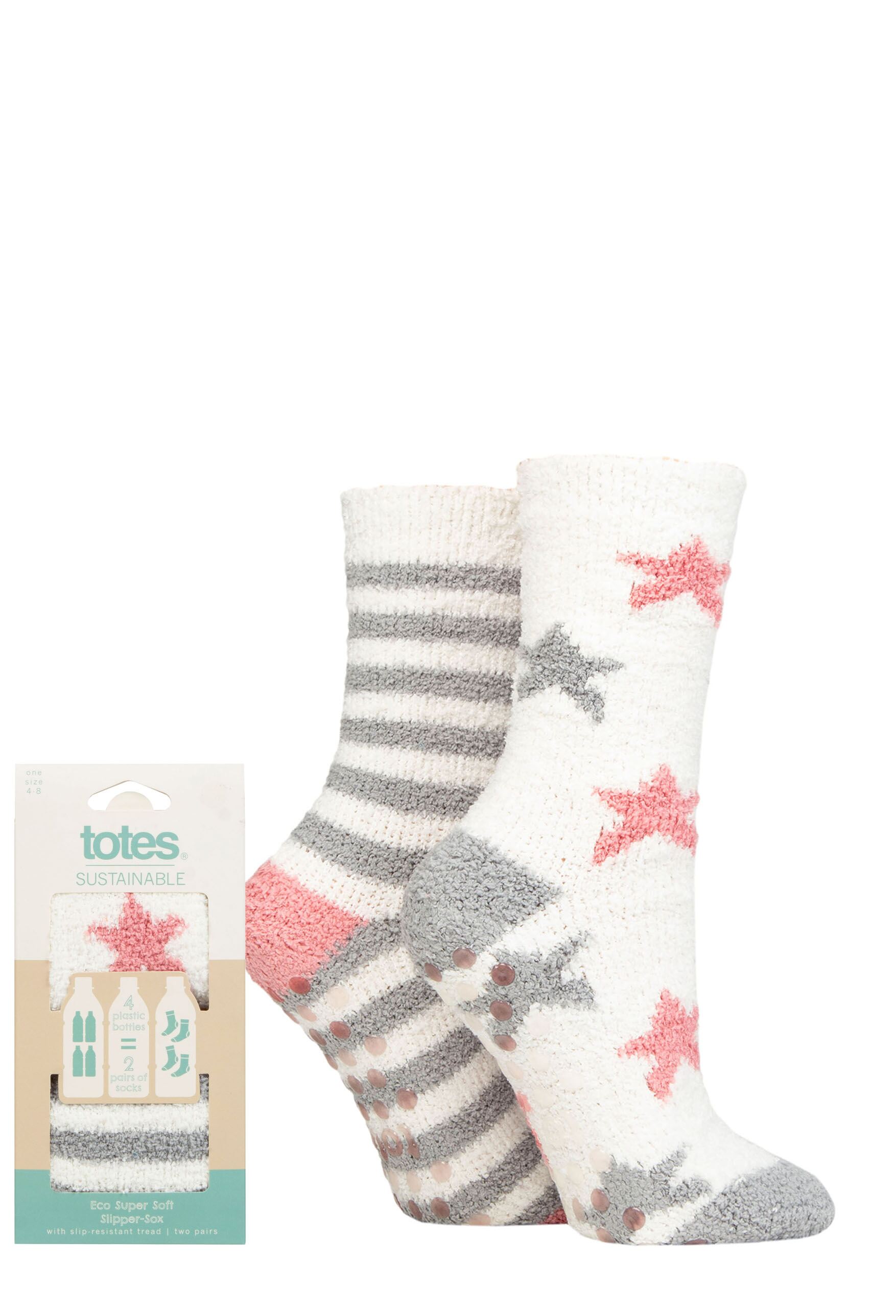Ladies 2 Pair Totes Eco Super Soft Slipper Socks Star 4-8 Ladies