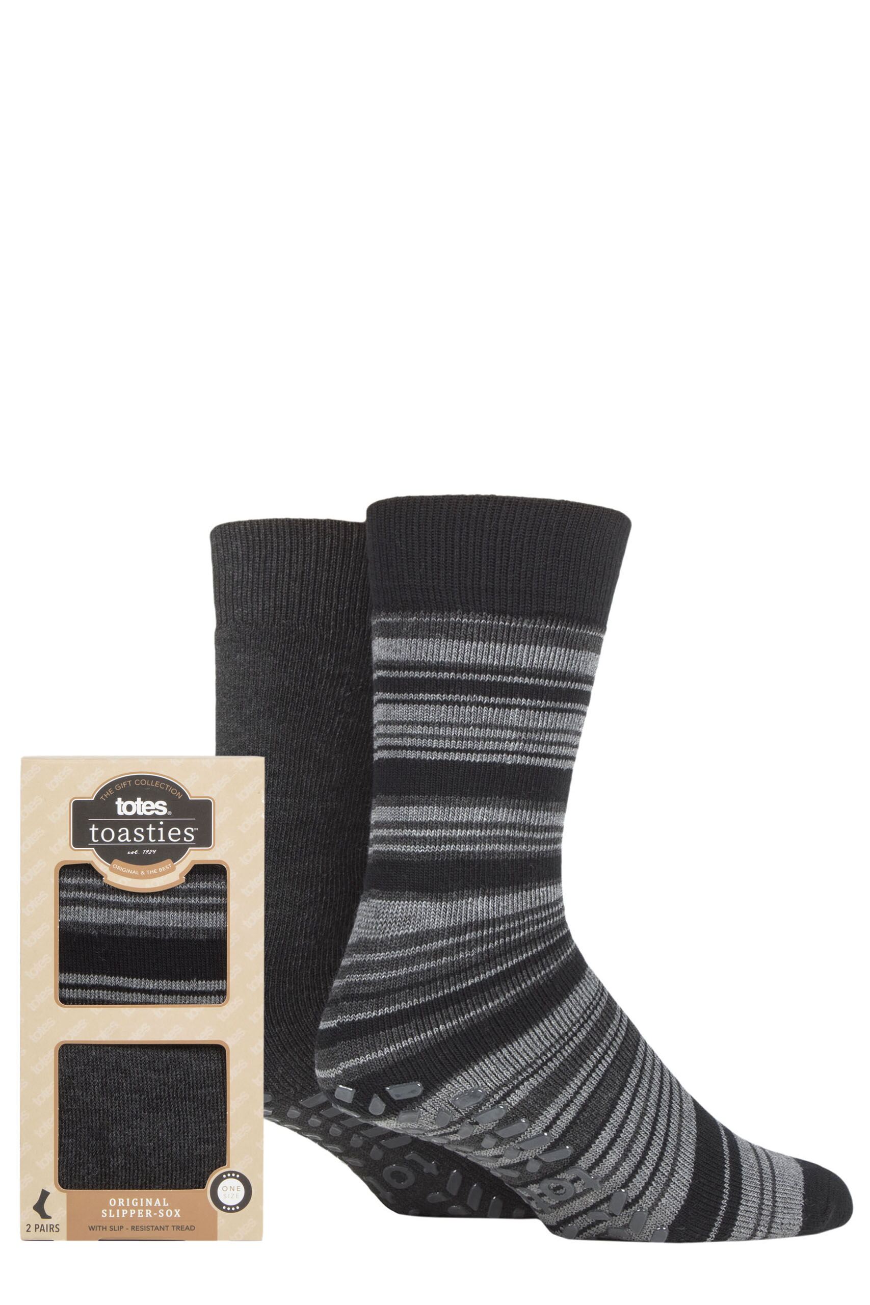 Image of Mens 2 Pair Totes Original Plain and Patterned Slipper Socks Grey Stripe 7-12 Mens