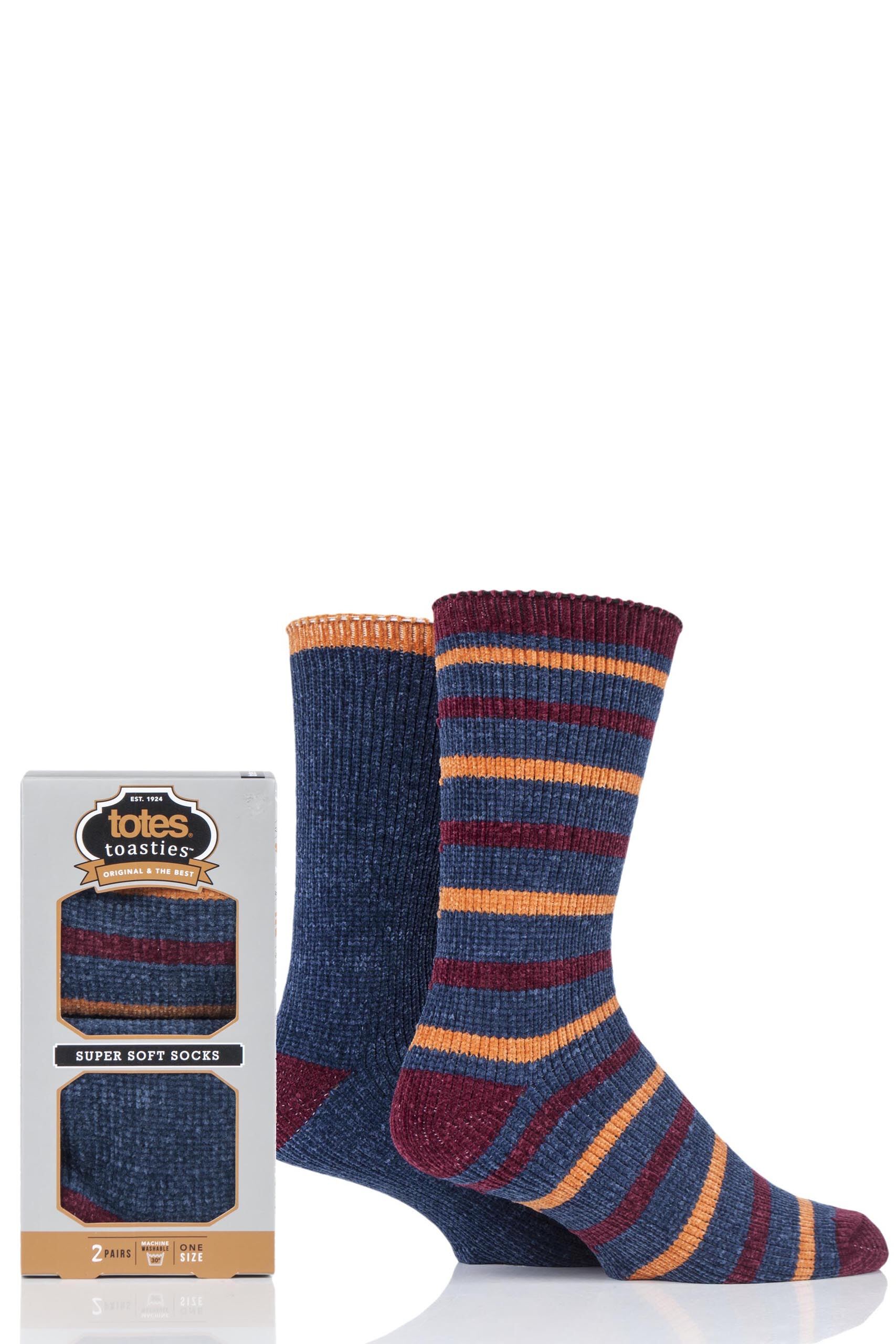 Image of 2 Pair Blue Super Soft Stripe and Plain Socks Men's 7-12 Mens - Totes