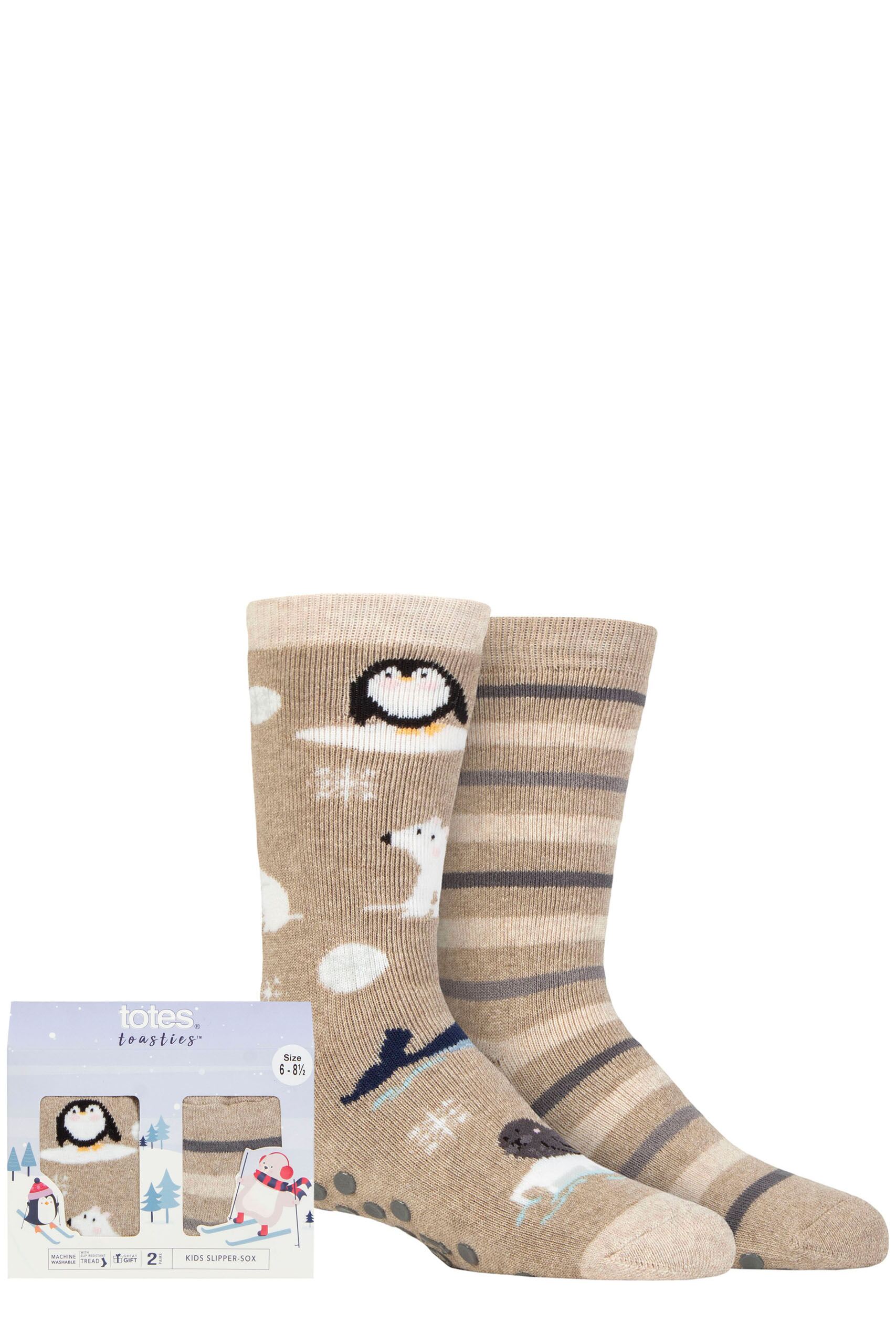 Boys and Girls 2 Pair Totes Tots Originals Novelty Slipper Socks Oatmeal 1-2 Years