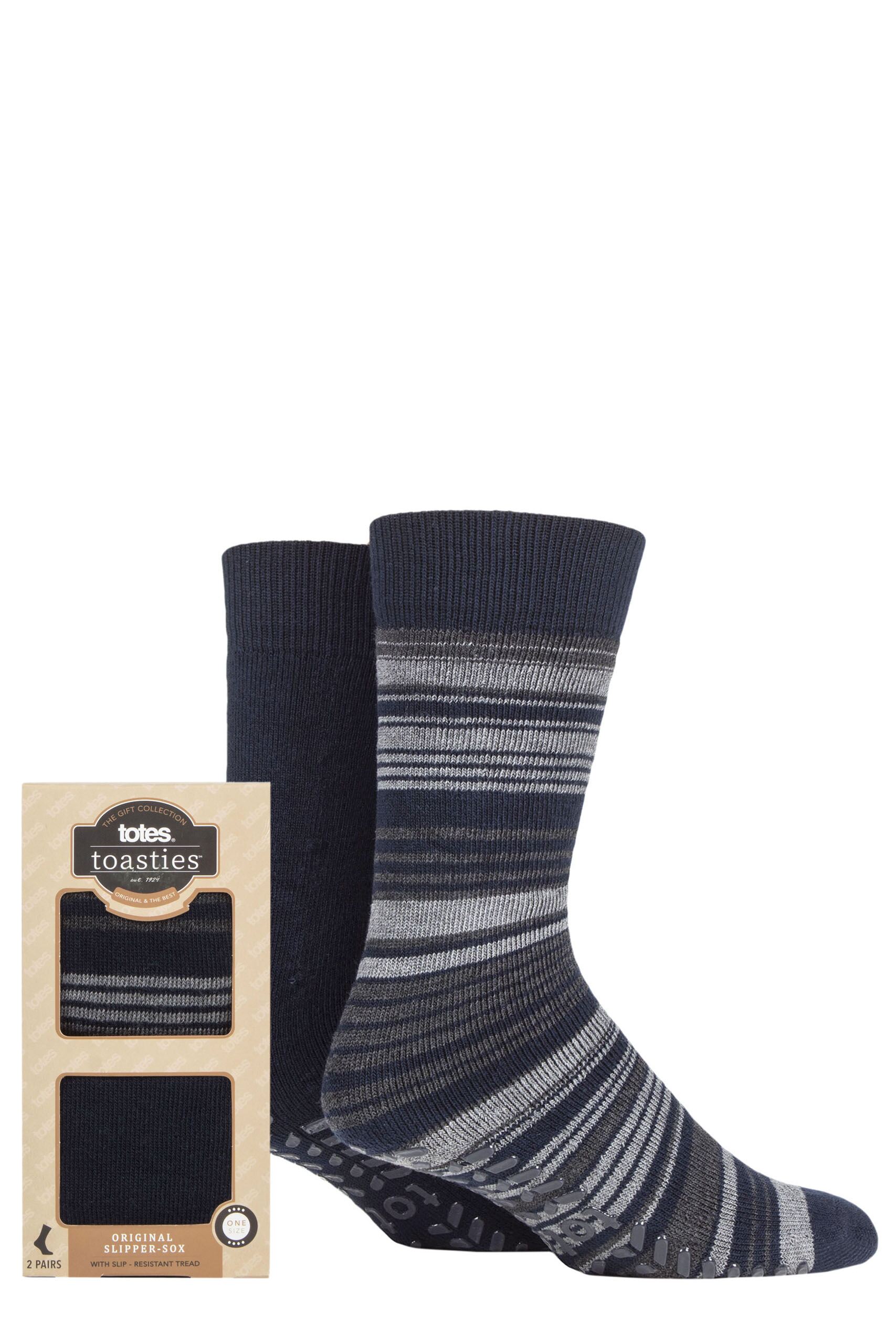 Image of Mens 2 Pair Totes Original Plain and Patterned Slipper Socks Navy Stripe 7-12 Mens