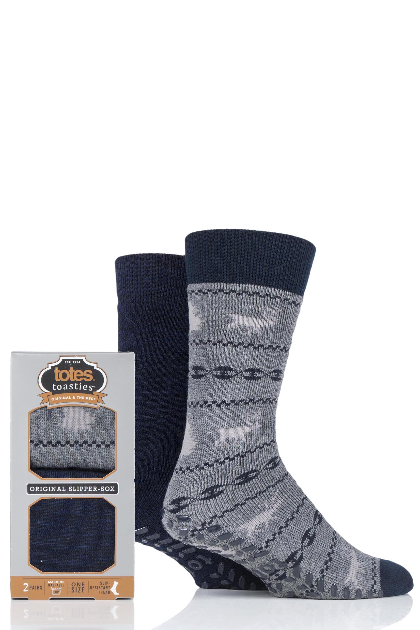 Image of 2 Pair Grey Stag Original Plain and Patterned Slipper Socks Men's 7-12 Mens - Totes