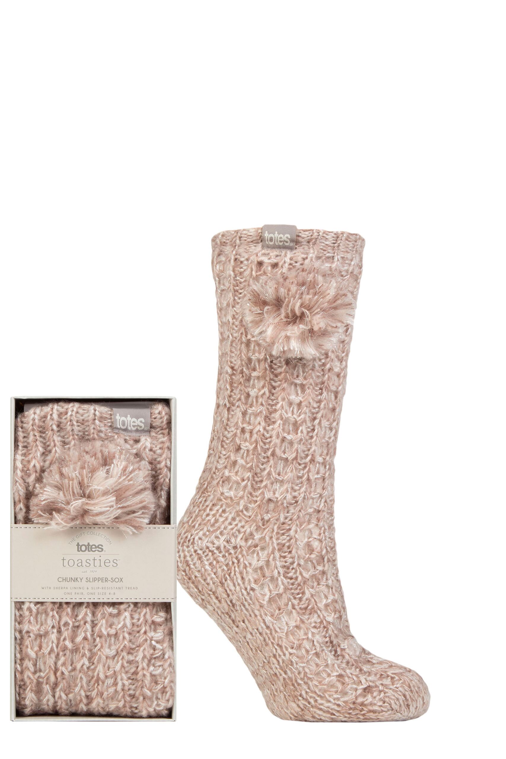 Ladies 1 Pair Totes Luxury Sparkle Slipper Socks with Pom Poms Pink 4-8 Ladies