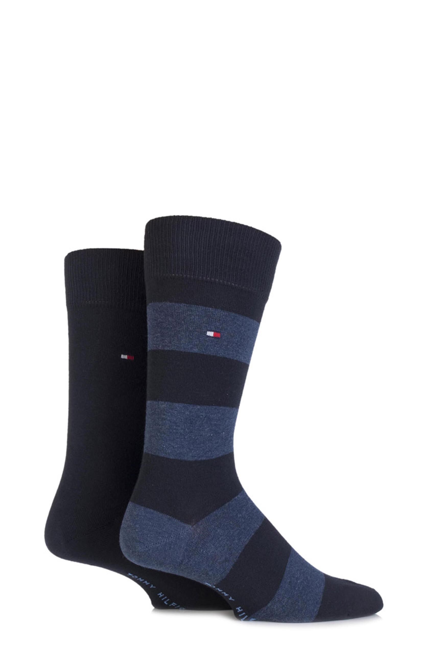Image of 2 Pair Dark Navy Rugby Striped Cotton Socks Men's 9-11 Mens - Tommy Hilfiger