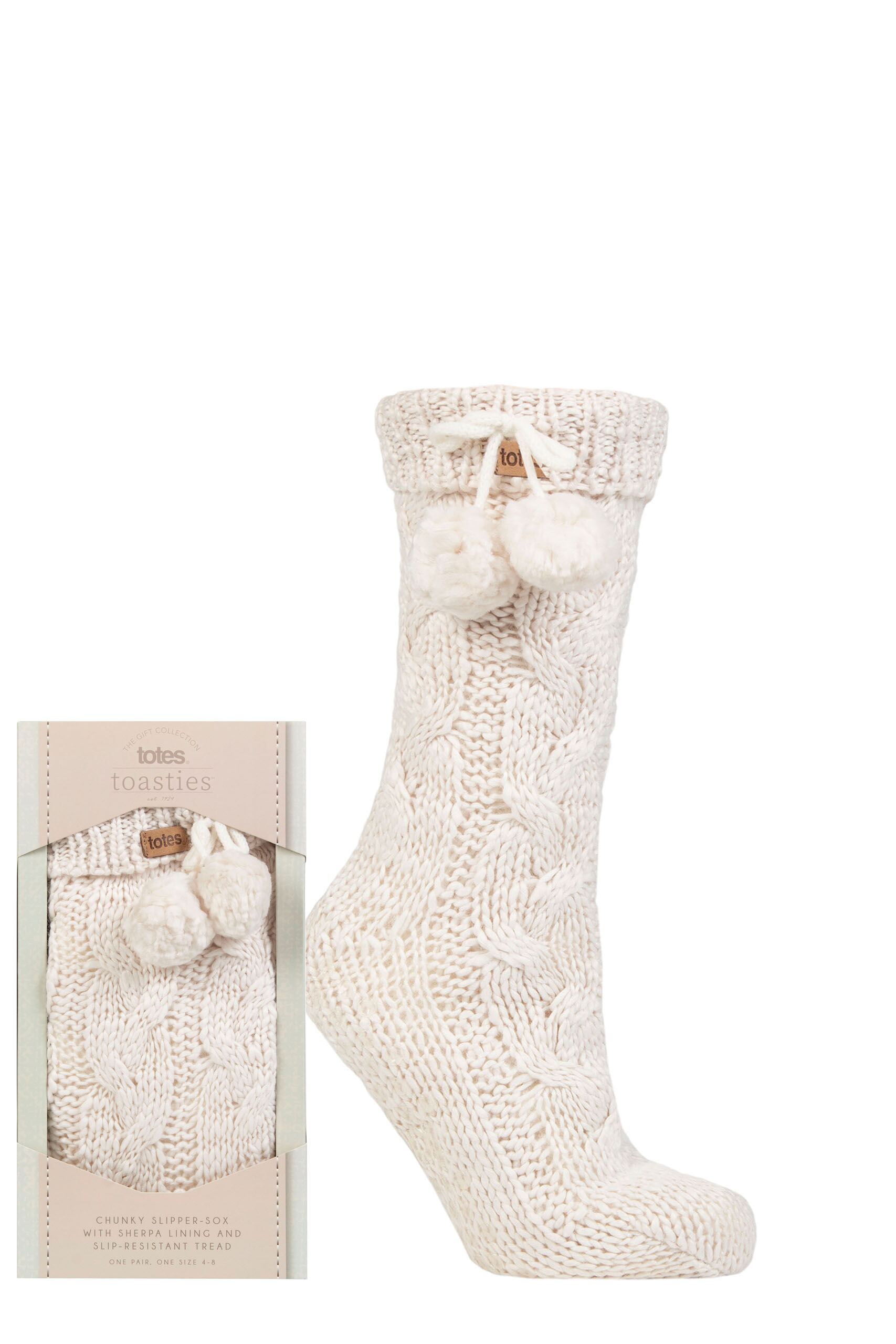 Ladies 1 Pair Totes Chunky Knit Fluffy Slipper Socks Cream 4-8 Ladies