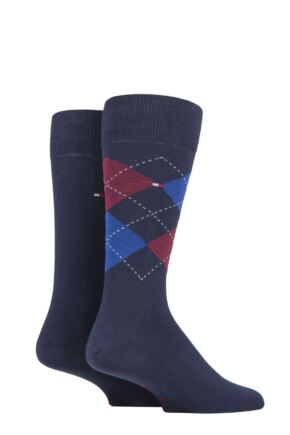 Mens 2 Pair Tommy Hilfiger Classic Tommy Check Argyle and Plain Socks
