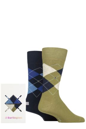 Mens 2 Pair Burlington Argyle Gift Boxed Cotton Socks Navy / Green 6.5-11 Mens