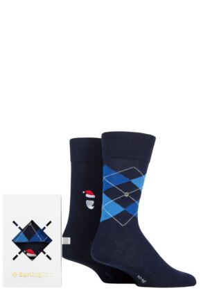 Mens 2 Pair Burlington Argyle and Embroidery Gift Boxed Cotton Christmas Socks