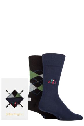 Mens 2 Pair Burlington Argyle and Embroidery Gift Boxed Cotton Christmas Socks