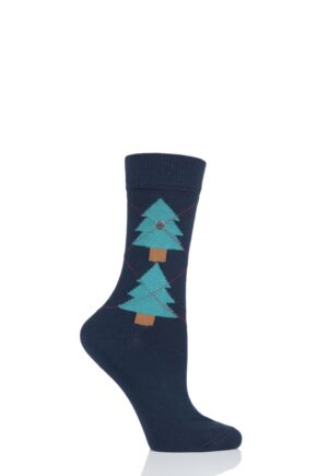 Ladies 1 Pair Burlington Christmas Tree Argyle Cotton Socks