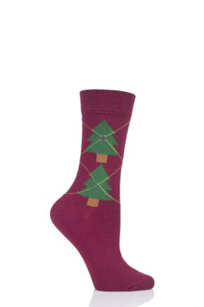 Ladies 1 Pair Burlington Christmas Tree Argyle Cotton Socks