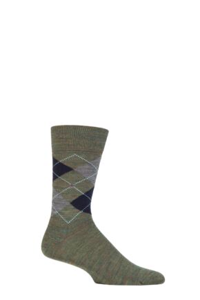 Mens 1 Pair Burlington Edinburgh Virgin Wool Argyle Socks Green / Grey Melange 6.5-11 Mens