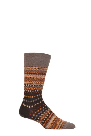 Mens 1 Pair Burlington Ancient Fair Isle Wool Socks Brown 6.5-11 Mens