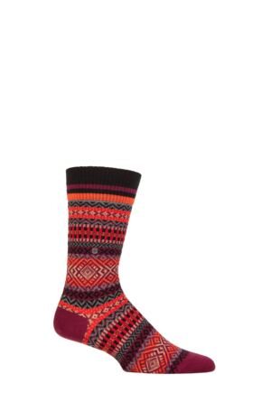 Mens 1 Pair Burlington All Over Fairisle Virgin Wool Socks Red 6.5-11 Mens