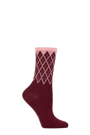 Ladies 1 Pair Burlington Mayfair Cotton Argyle Topped Socks Burgundy 3.5-7 Ladies