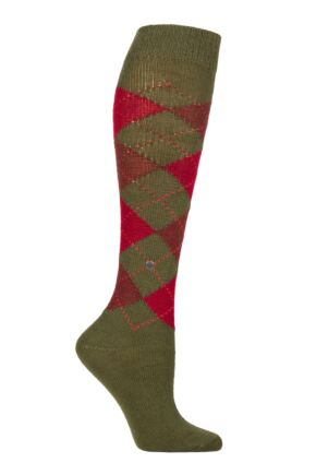 Ladies 1 Pair Burlington Whitby Extra Soft Argyle Knee High Socks Green / Red 3.5-7 Ladies