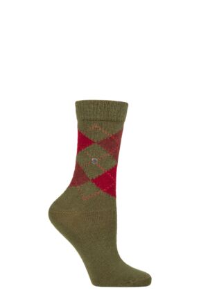 Ladies 1 Pair Burlington Whitby Extra Soft Argyle Socks Green / Red 3.5-7 Ladies