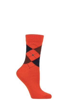 Ladies 1 Pair Burlington Whitby Extra Soft Argyle Socks Orange / Brown 3.5-7 Ladies