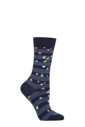 Ladies 1 Pair Burlington Flower Stripe Organic Cotton Socks