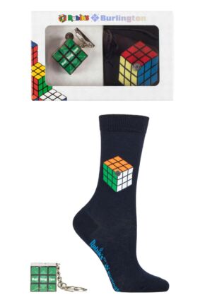 Ladies 1 Pair Burlington Rubiks Cube Gift Boxed Socks with Key Ring
