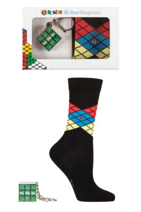 Ladies 1 Pair Burlington Rubiks Cube Argyle Gift Boxed Socks with Key Ring