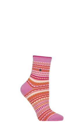 Ladies 1 Pair Burlington Cheerful Summer Striped Cotton Socks Pink 3.5-7 Ladies
