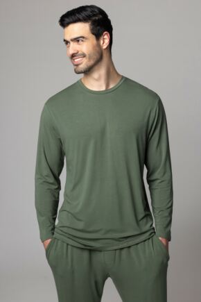 Mens 1 Pack Lazy Panda Bamboo Loungewear Selection Long Sleeved Top Olive Green Medium