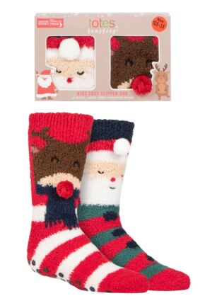 Boys and Girls 2 Pair Totes Chunky Christmas Novelty Slipper Socks with Pom Pom Detail