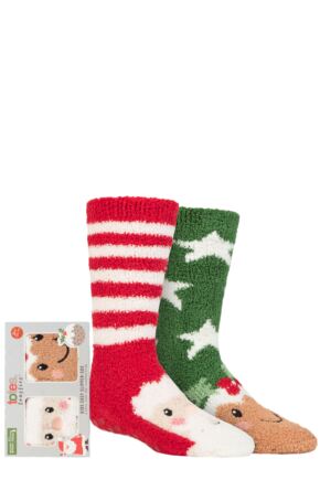 Boys and Girls 2 Pair Totes Chunky Christmas Novelty Slipper Socks with Pom Pom Detail