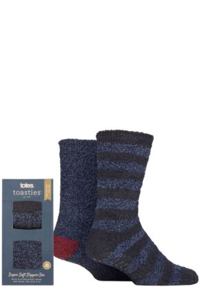 Mens 2 Pair Totes Twin Super Soft Stripe and Plain Slipper Socks