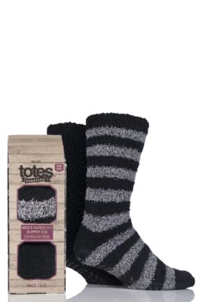Mens 2 Pair Totes Twin Super Soft Stripe and Plain Bed Socks