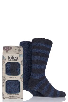 Mens 2 Pair Totes Twin Super Soft Stripe and Plain Bed Socks