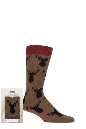 Mens 1 Pair Totes Original Novelty Slipper Socks with Grip Stag Brown 8-11 Mens