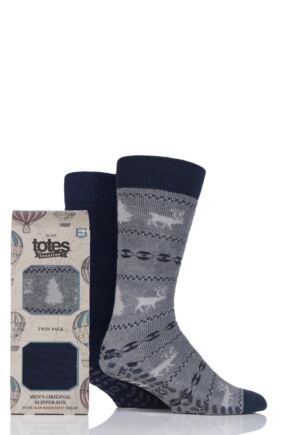 Mens 2 Pair Totes Original Plain and Patterned Slipper Socks