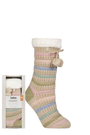 Ladies 1 Pair Totes Texture Stripe Wool Slipper Socks with Pom Poms