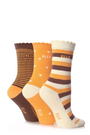 Girls 3 Pair Elle Patterned Cotton Socks Browns 6-8