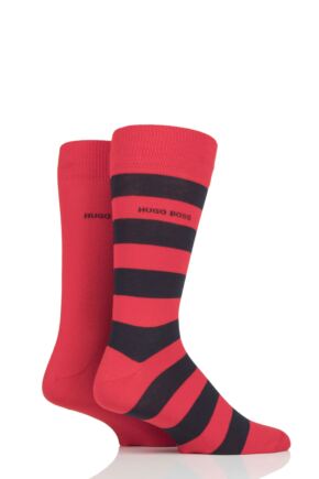 Mens 2 Pair BOSS Block Striped and Plain Combed Cotton Socks Reds 5.5-8 Mens