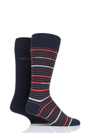 Mens 2 Pair BOSS Stripe and Plain Combed Cotton Socks