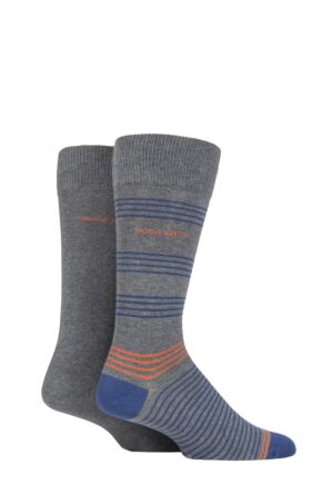 Mens 2 Pair BOSS Combed Cotton Fine Stripe and Plain Socks