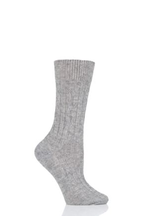 Ladies 1 Pair SOCKSHOP of London 100% Cashmere Cable Knit Bed Socks Light Grey 4-8